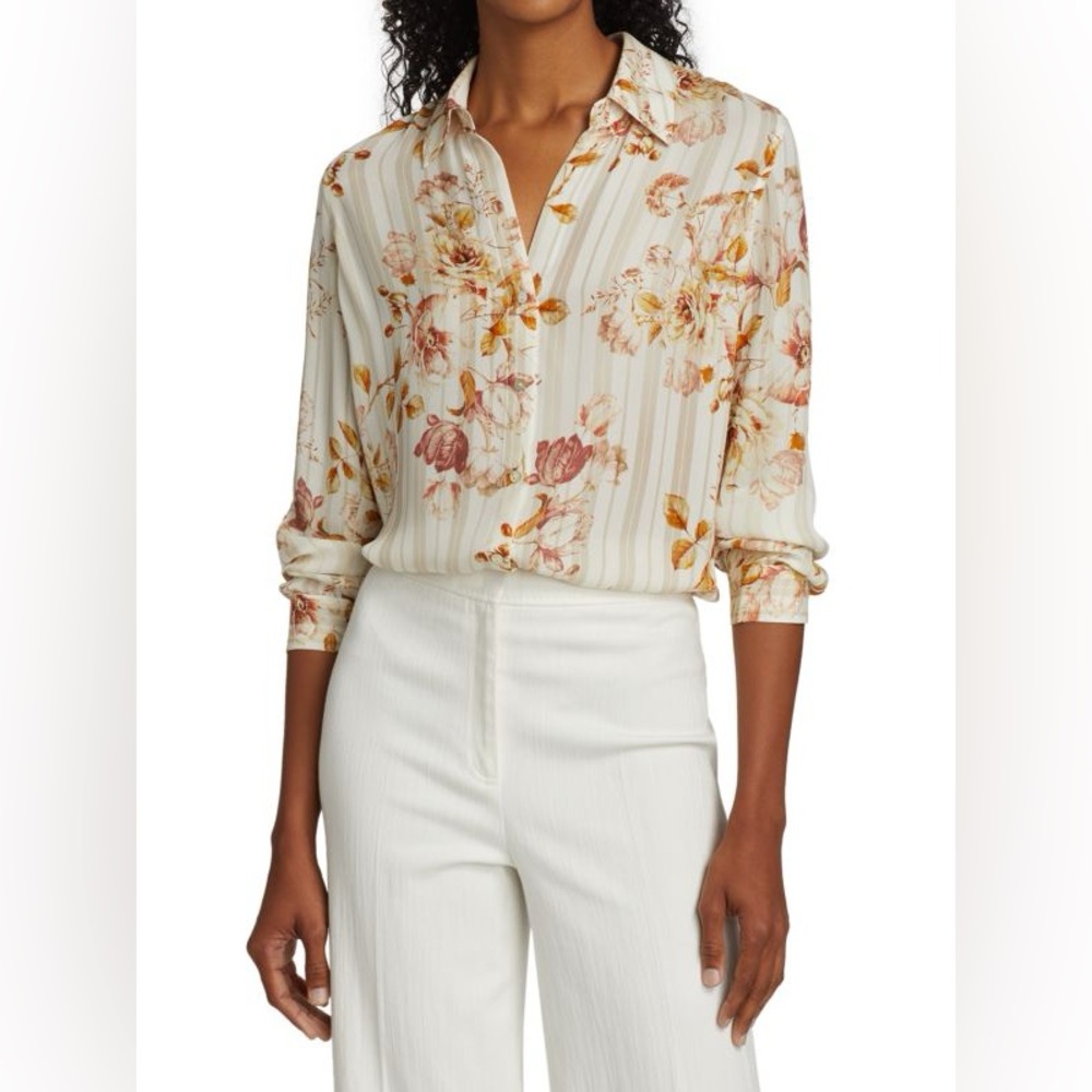 L’agence Women’s Nina 100% Silk Floral Stripe Blouse Size Large